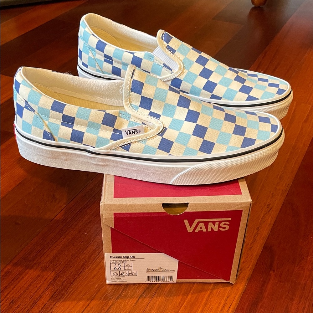 Vans Unisex Blue and White Checkered Slip-On Sneakers